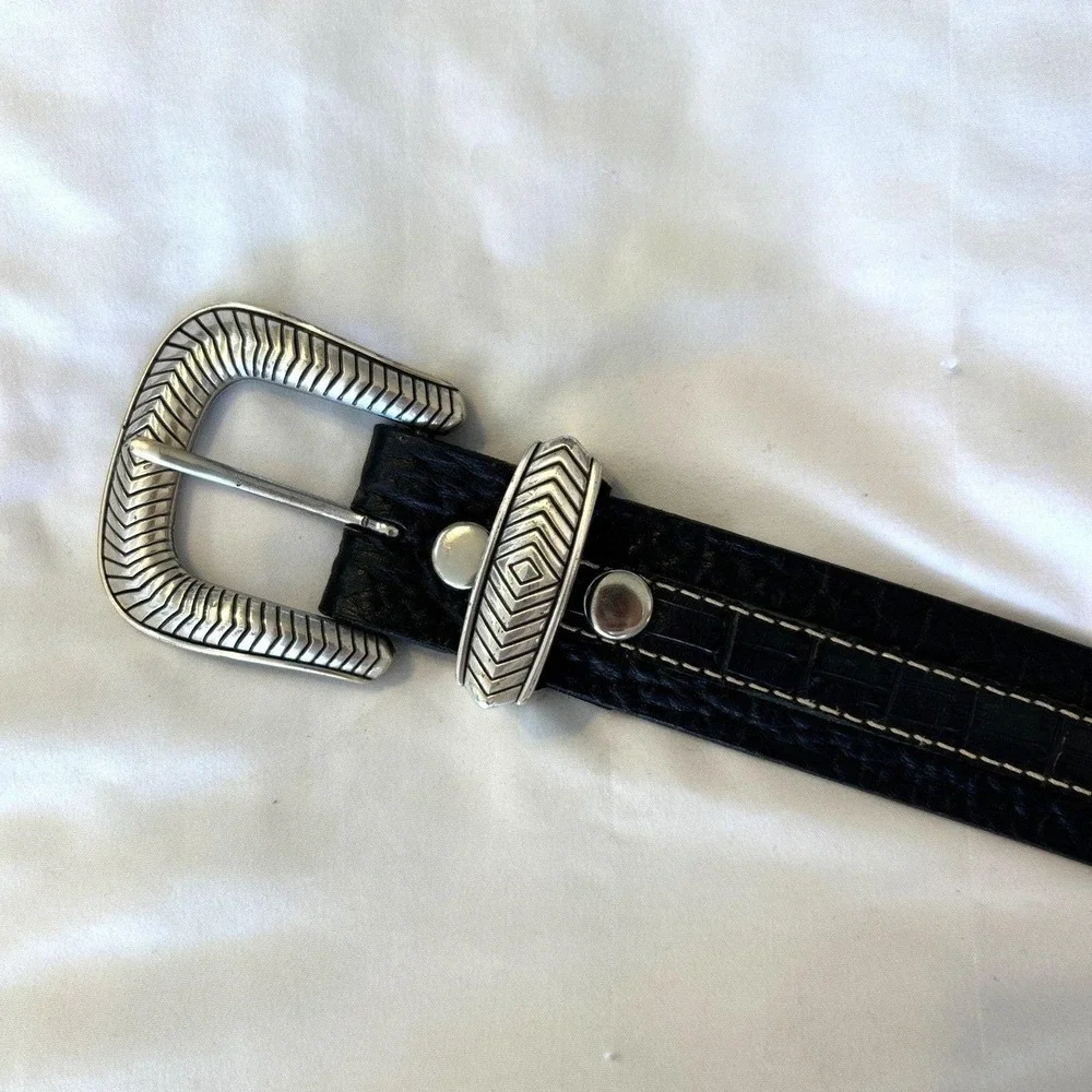 VAmerican Bison Leather Western Belt Mens 40 Black Brown  Embossed Silver Buckle